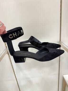Chanel Black Suede CC Ankle-Strap Pumps Size 41C